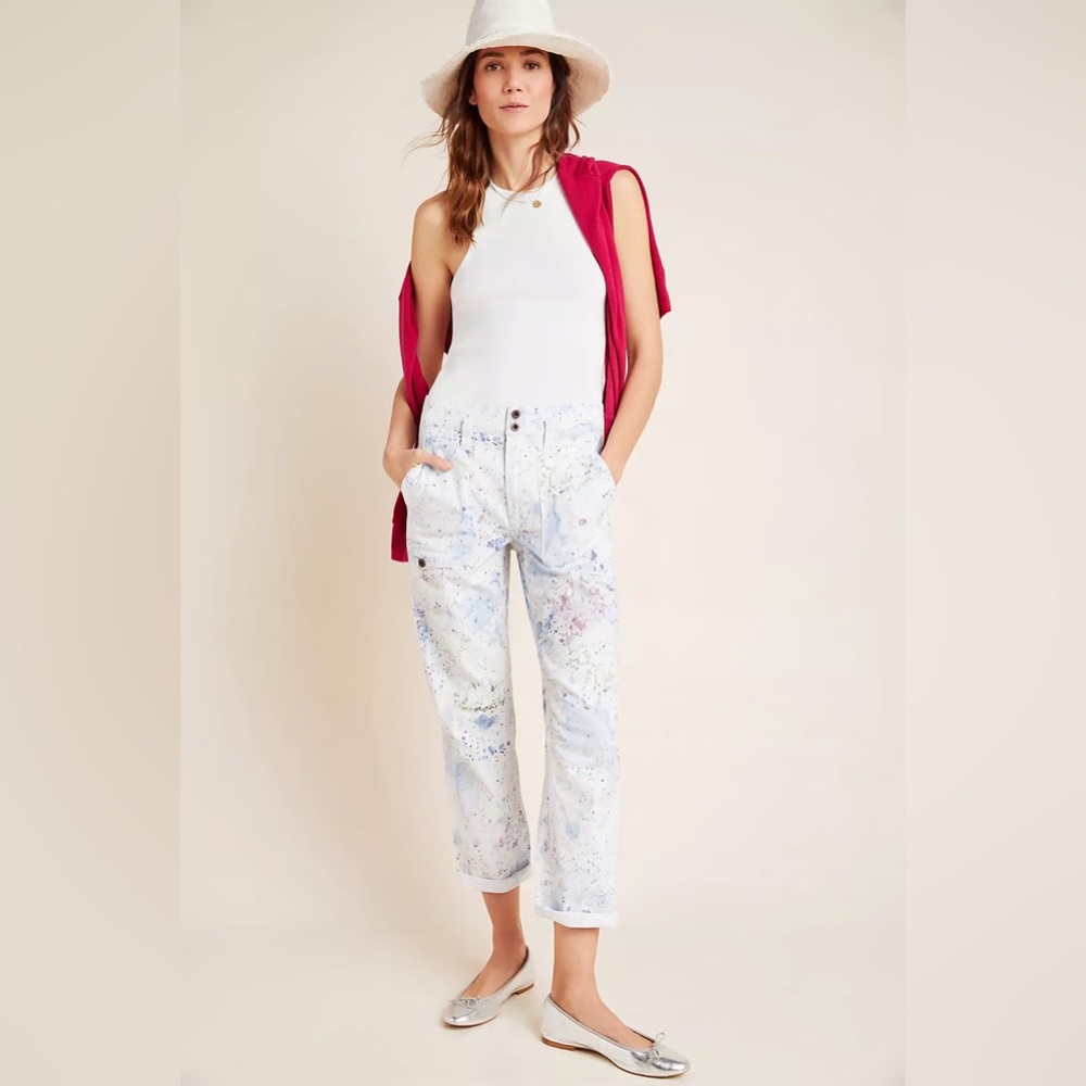 Anthropologie The Wanderer White Blue Paint Splatter Print Pants Size 26